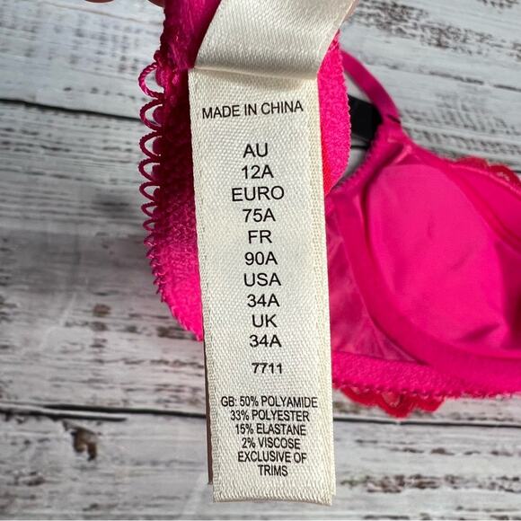 Gossard 34A Superboost Lace Padded Plunge Bra Rose Red Pink Underwire Mesh - Picture 11 of 14